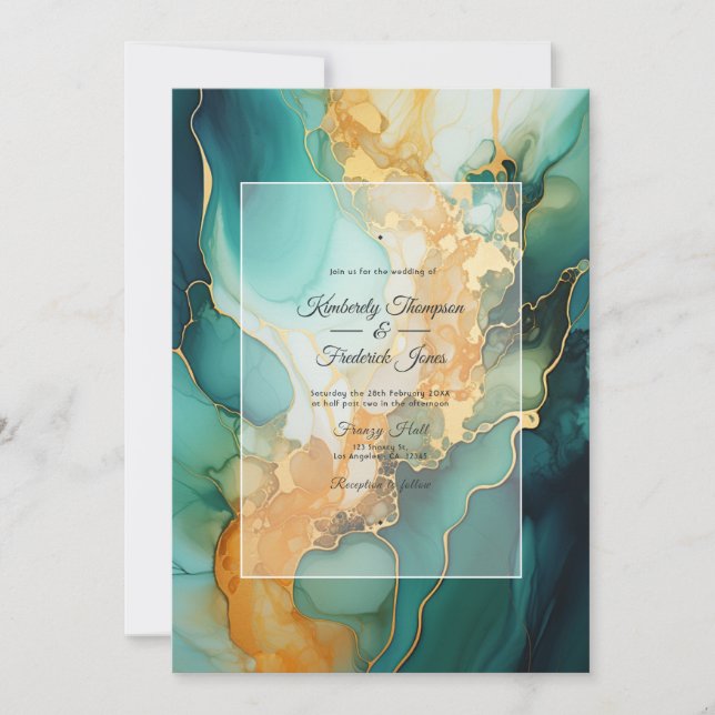 Invitation Mariage d'encre d'alcool or et émeraude (Devant)