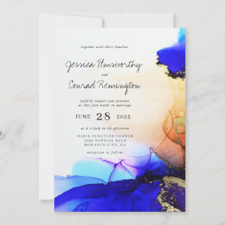 Invitation Mariage d'encre d'alcool orange bleu moderne