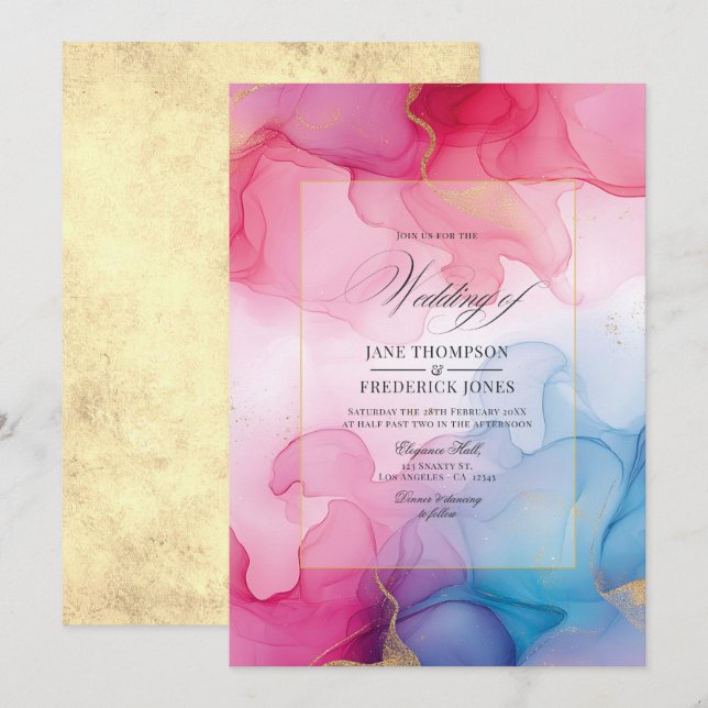 Invitation Mariage d'encre d'alcool rose, bleu et or (Devant / Derrière)