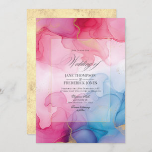 Invitation Mariage d'encre d'alcool rose, bleu et or