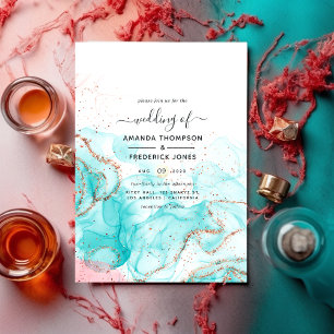 Invitation Mariage d'encre d'alcool turquoise, corail et or