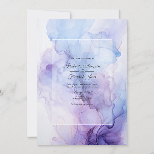 Invitation Mariage d'encre d'argent, Icy Blue et Lilac (Devant)