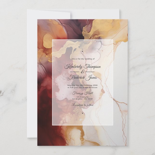 Invitation Mariage d'encre de Bourgogne, d'or et d'ivoire (Devant)