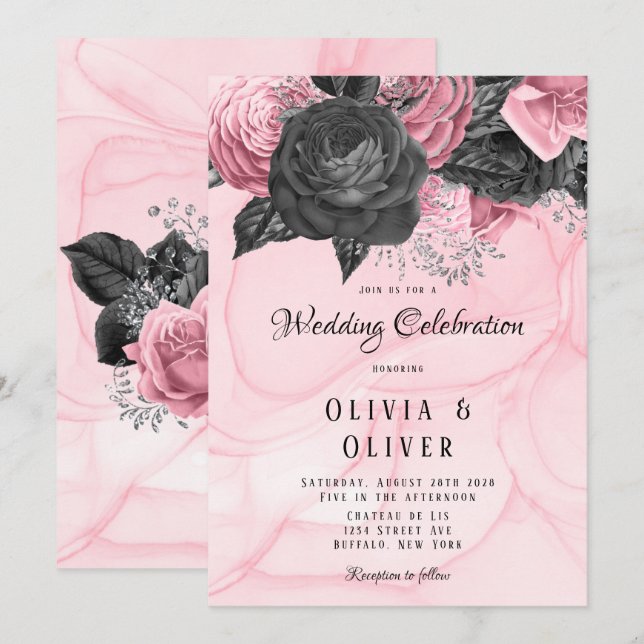 Invitation Mariage d'encre florale rose et noire de luxe Invi (Devant / Derrière)