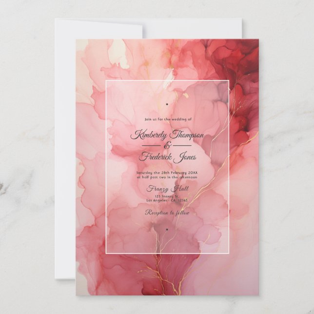 Invitation Mariage d'encre rouge profond, rose et argenté (Devant)