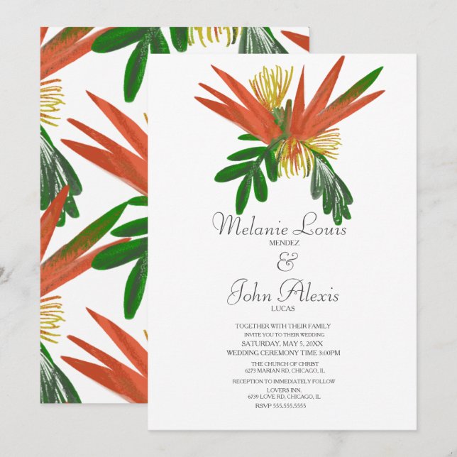 Invitation Mariage d'encre tropique Oiseau de Paradis (Devant / Derrière)