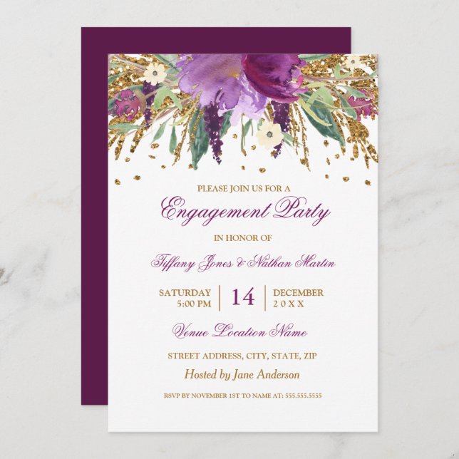 Invitation Mariage d'engagement d'Améthyste Floral Violet (Devant / Derrière)