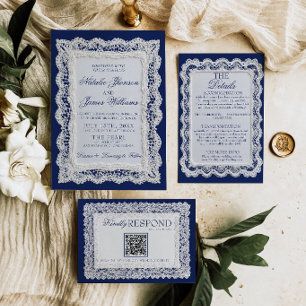 Invitation Mariage dentelle royale bleue vieux argent nappero