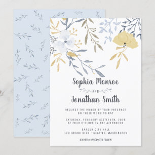 Invitation Mariage des branches florales jaunes et bleues