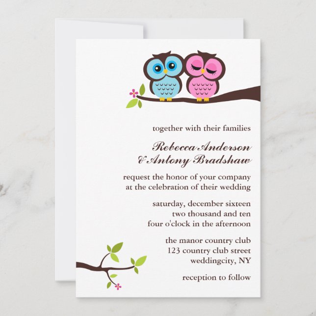 Invitation Mariage des Chouettes romantiques (Devant)