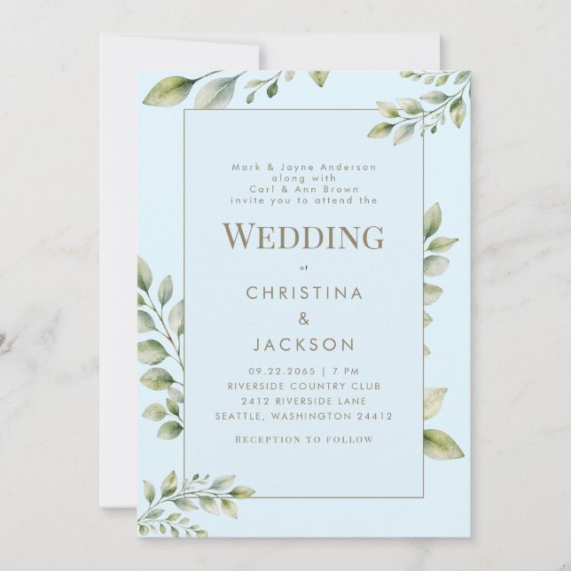 Invitation Mariage des deux parents avec verdure bleu glace (Devant)