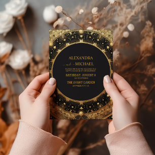 Invitation Mariage des étoiles célestes mystiques d'or noir
