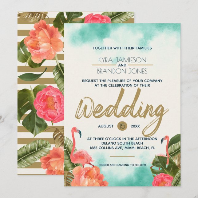 Invitation Mariage des Flamants roses de paradis exotiques (Devant / Derrière)