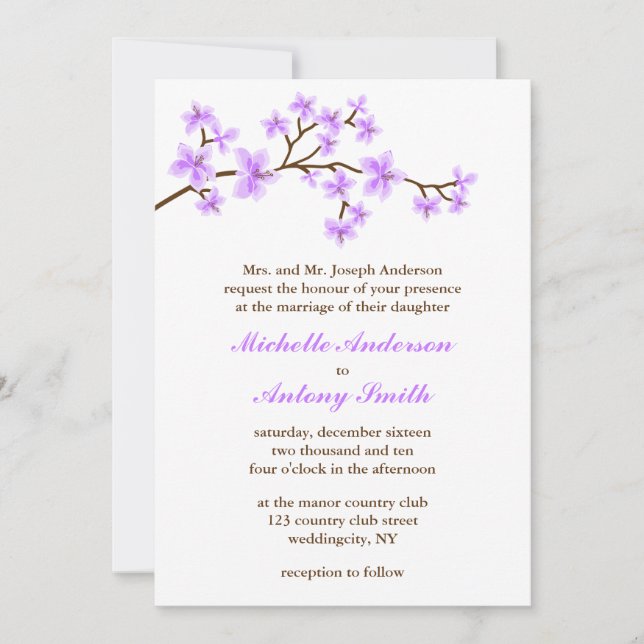 Invitation Mariage des fleurs de cerisiers de lavande (Devant)