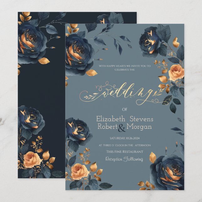 Invitation Mariage des fleurs d'or bleu marine (Devant / Derrière)