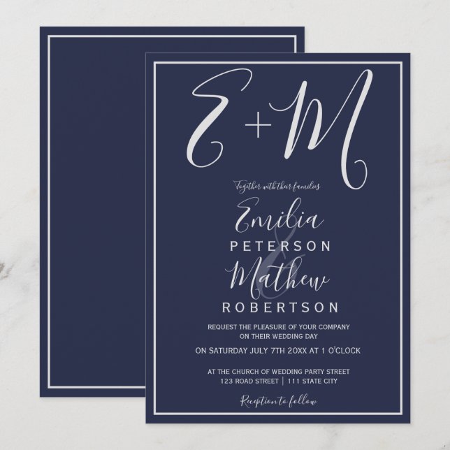 Invitation mariage des initiales de la typographie bleue de l (Devant / Derrière)