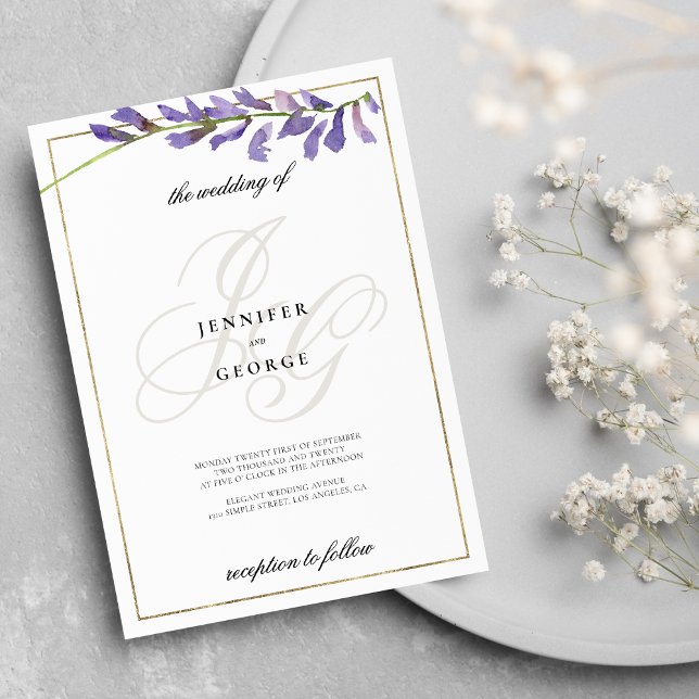 Invitation Mariage des initiales de monogramme floral blanc v (Purple white floral monogram initials wedding )