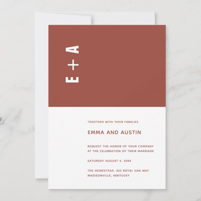 Invitation Mariage des initiales du bloc de couleur minimalis (Devant)