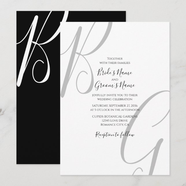 Invitation Mariage des initiales du monogramme noir et blanc (Devant / Derrière)