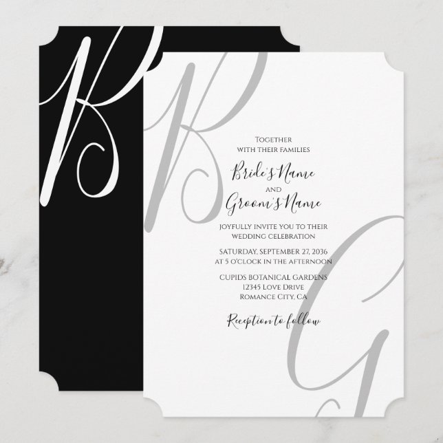 Invitation Mariage des initiales du monogramme noir et blanc (Devant / Derrière)