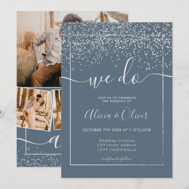 Invitation Mariage des initiales photo bleu poussiéreux en fe (Devant / Derrière)