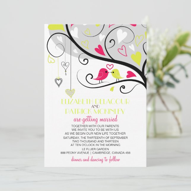 Invitation Mariage des Lovebirds rouges et jaunes néon (Debout devant)