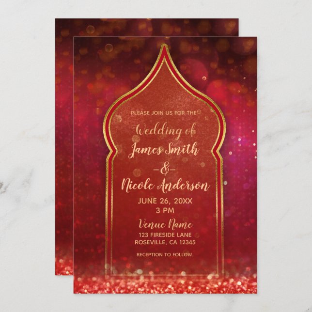 Invitation Mariage des nuits arabes du Maroc rouge & or (Devant / Derrière)