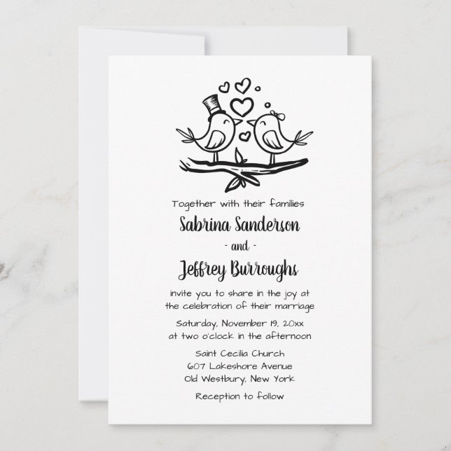 Invitation Mariage des oiseaux de mer noirs blancs Inséparabl (Devant)