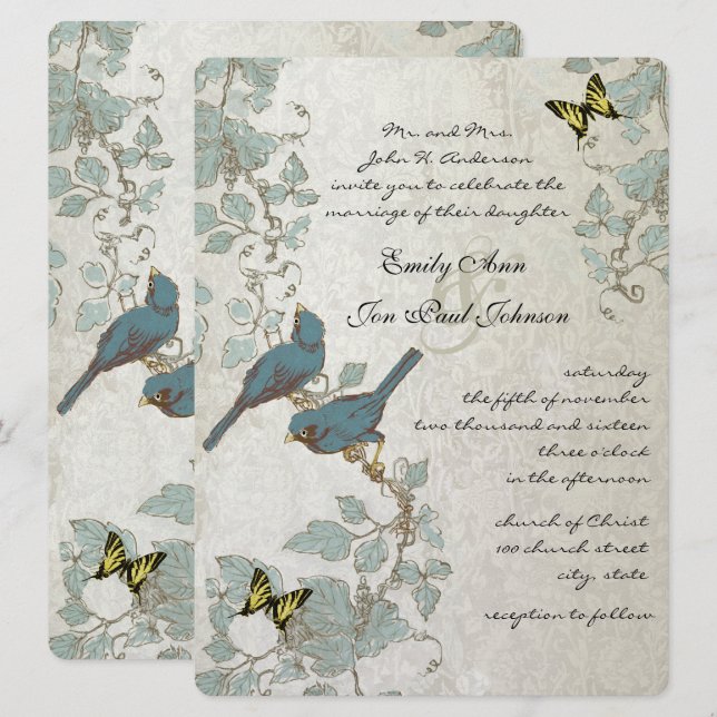Invitation Mariage des papillons et des oiseaux bleus argenté (Devant / Derrière)