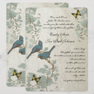 Invitation Mariage des papillons et des oiseaux bleus argenté