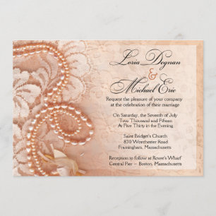 Invitation Mariage des perles et de la dentelle  pêche parfai