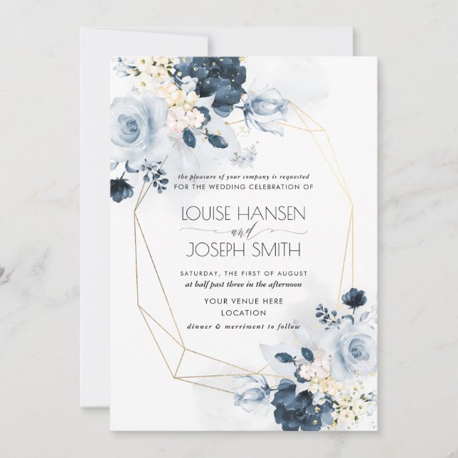 Invitation Mariage des Roses du jardin bleu Dusty (Devant)