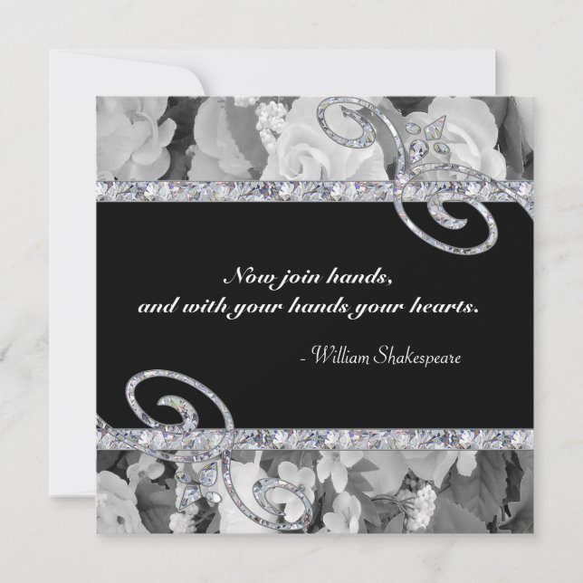 Invitation Mariage des Roses et des perles de diamants en noi (Devant)