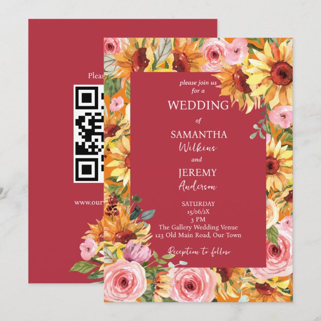 Invitation Mariage des tournesols et roses roses roses (Devant / Derrière)