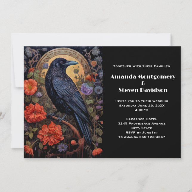 Invitation Mariage Design Gothique Corbeau Noir avec Fleurs (Devant)