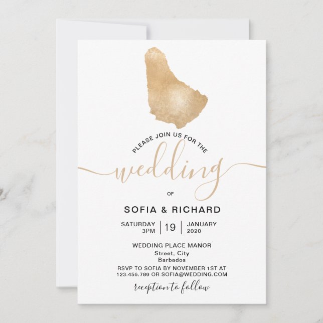 Invitation Mariage Destination Barbade Tropical Gold Map (Devant)