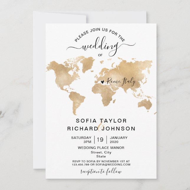 Invitation Mariage Destination Gold World Map Heart Invitatia (Devant)