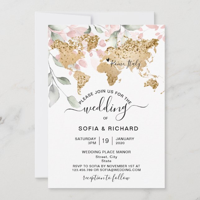 Invitation Mariage Destination Gold World Map Heart Invitatia (Devant)