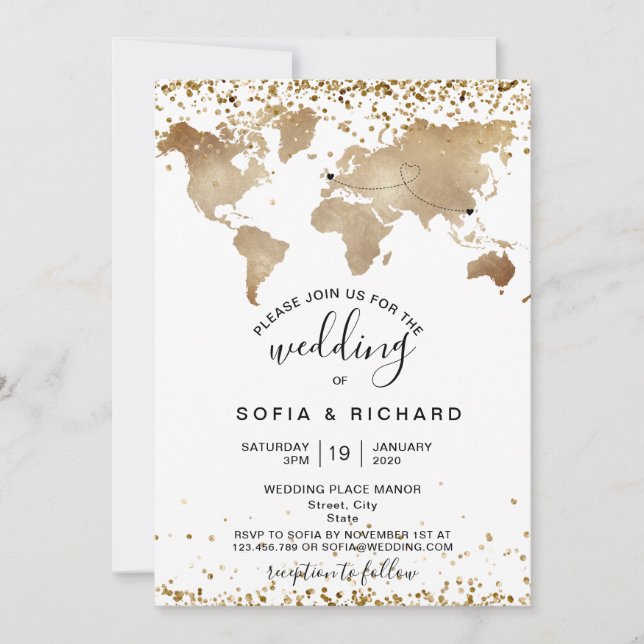 Invitation Mariage Destination Gold World Map Heart Invitatia (Devant)
