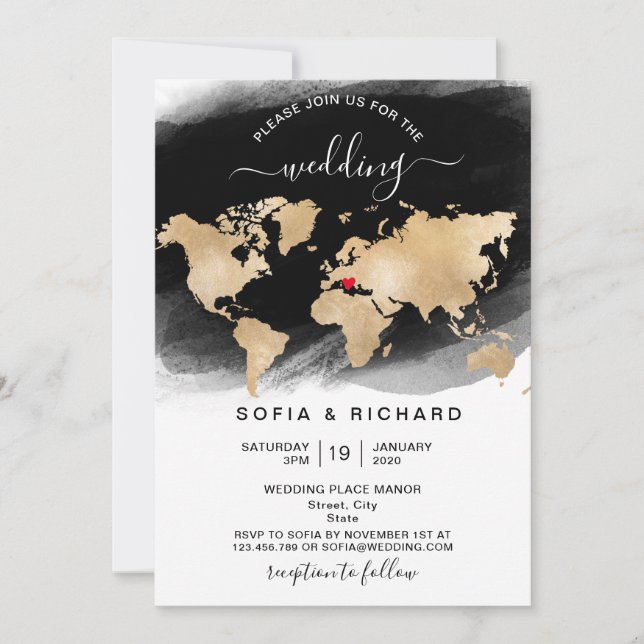Invitation Mariage Destination Gold World Map Heart Invitatia (Devant)