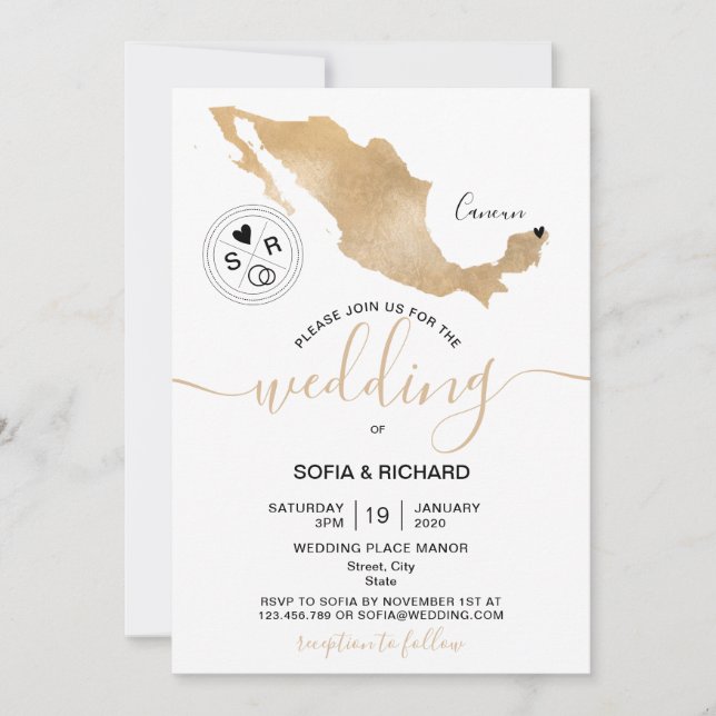 Invitation Mariage Destination Mexique Gold Movable Heart Inv (Devant)
