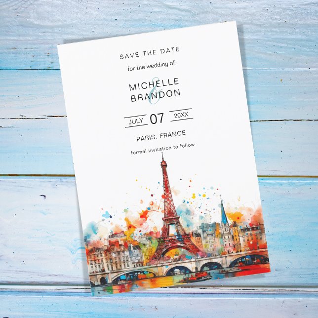 Invitation Mariage Destination moderne Paris Tour Eiffel (eiffel tower paris colorful watercolor)