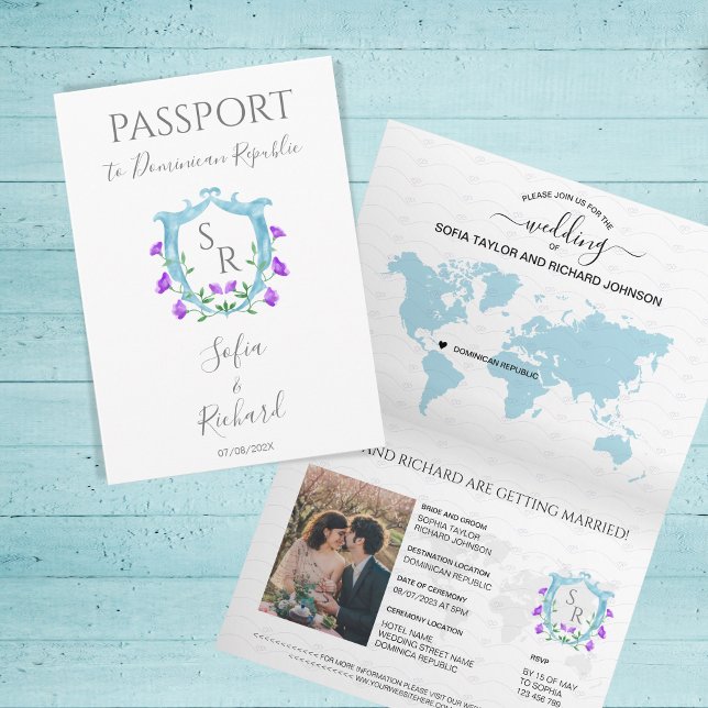 Invitation Mariage Destination Passeport Bleu Cimier Monogram (Créateur téléchargé)