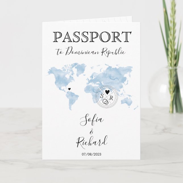 Invitation Mariage Destination Passport Blue World Map Invita (Devant)