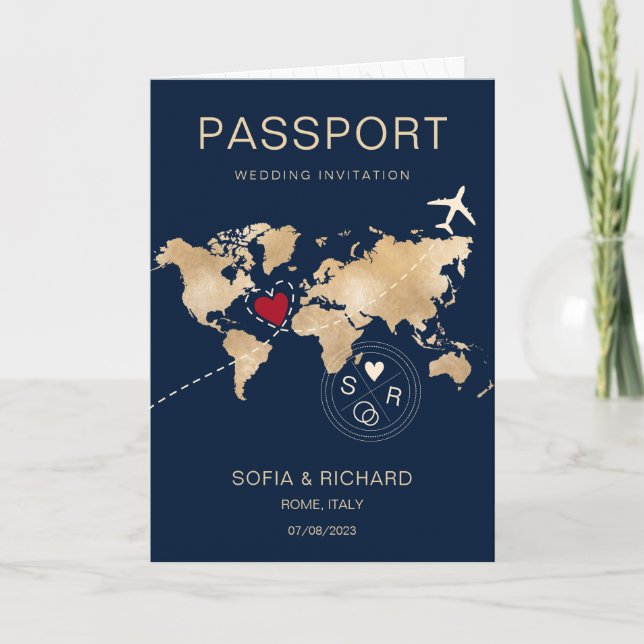 Invitation Mariage Destination Passport Gold Plan du monde (Devant)