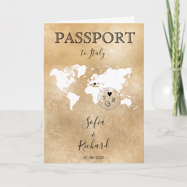 Invitation Mariage Destination Passport Gold World Map Invita (Devant)