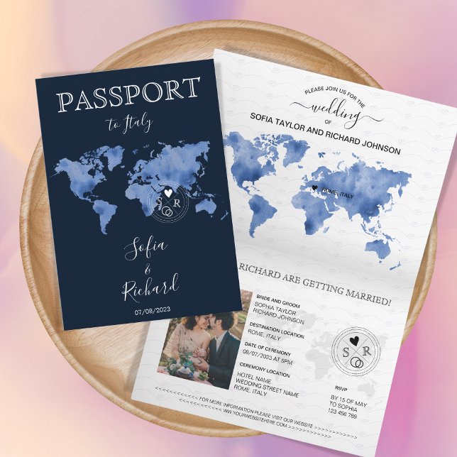 Invitation Mariage Destination Passport Marine Blue World Map (Créateur téléchargé)