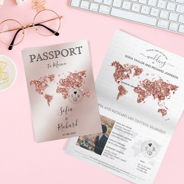 Invitation Mariage Destination Passport Rose Gold World Map (Créateur téléchargé)