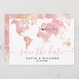 Invitation Mariage Destination World Map Pink Removable Heart