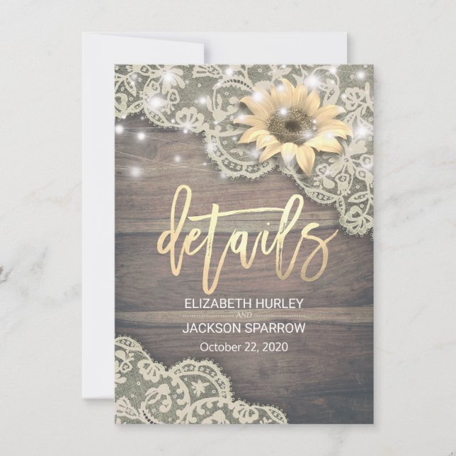 Invitation Mariage Détail Dentelle Tournesol Bois et lumières (Devant)